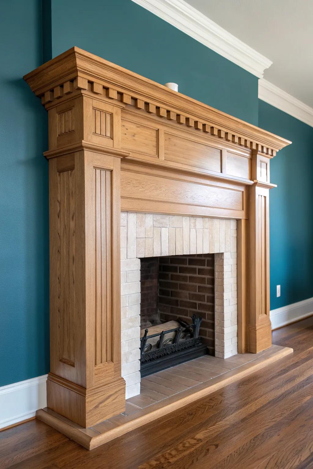 Layered colonial fireplace surround trim—wide legs and bold header for instant focal-point charm.