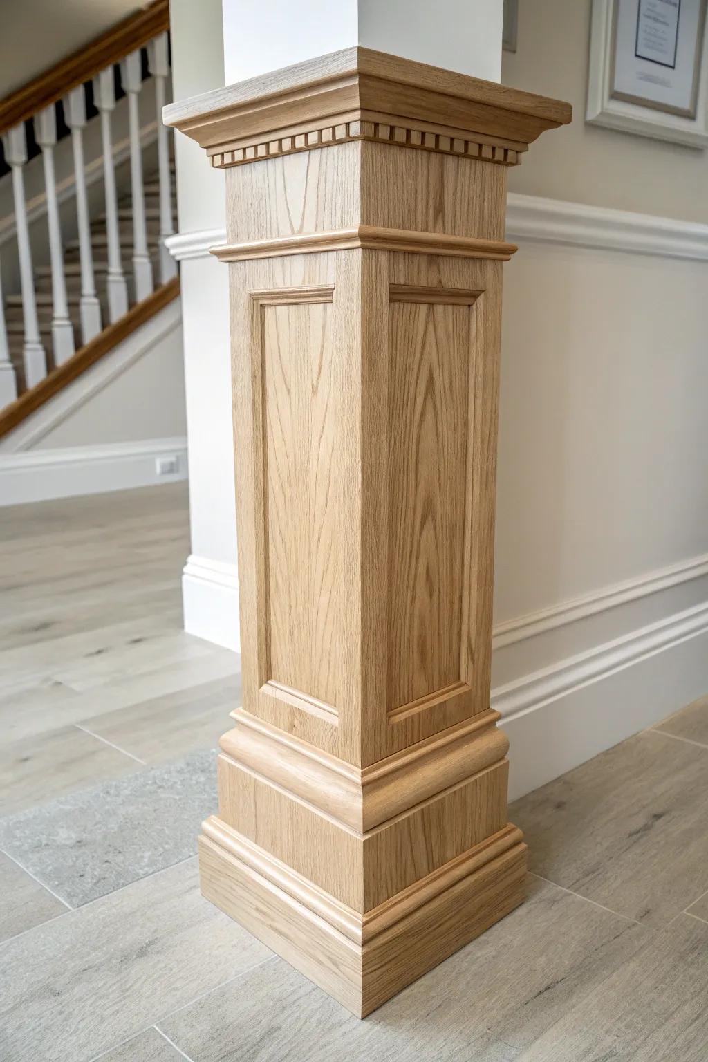 Chunky stacked base + crisp crown trim turns a plain interior column into custom carpentry.