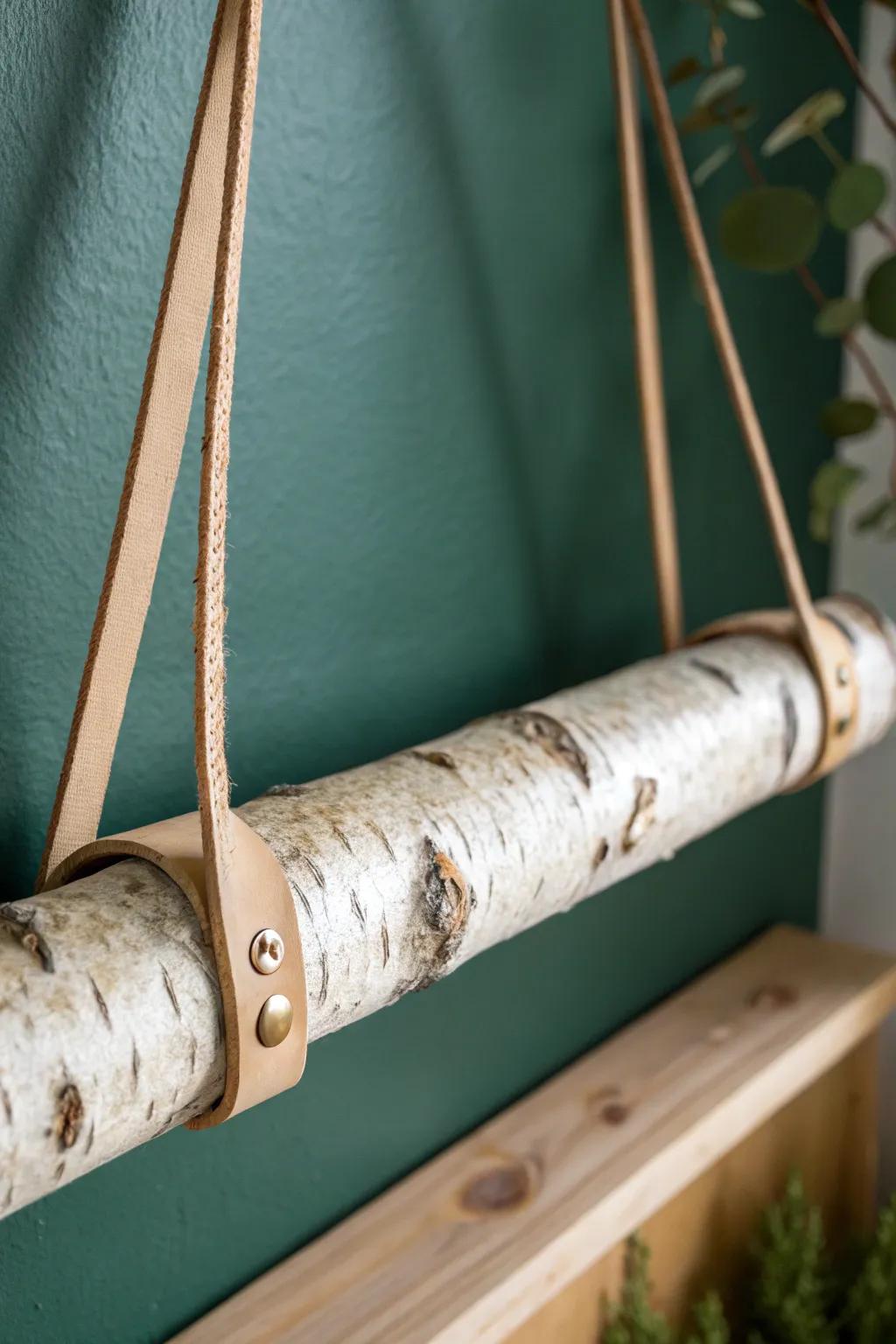 Light birch branch rail brings warm, clean Scandinavian charm to a modern bathroom nook.