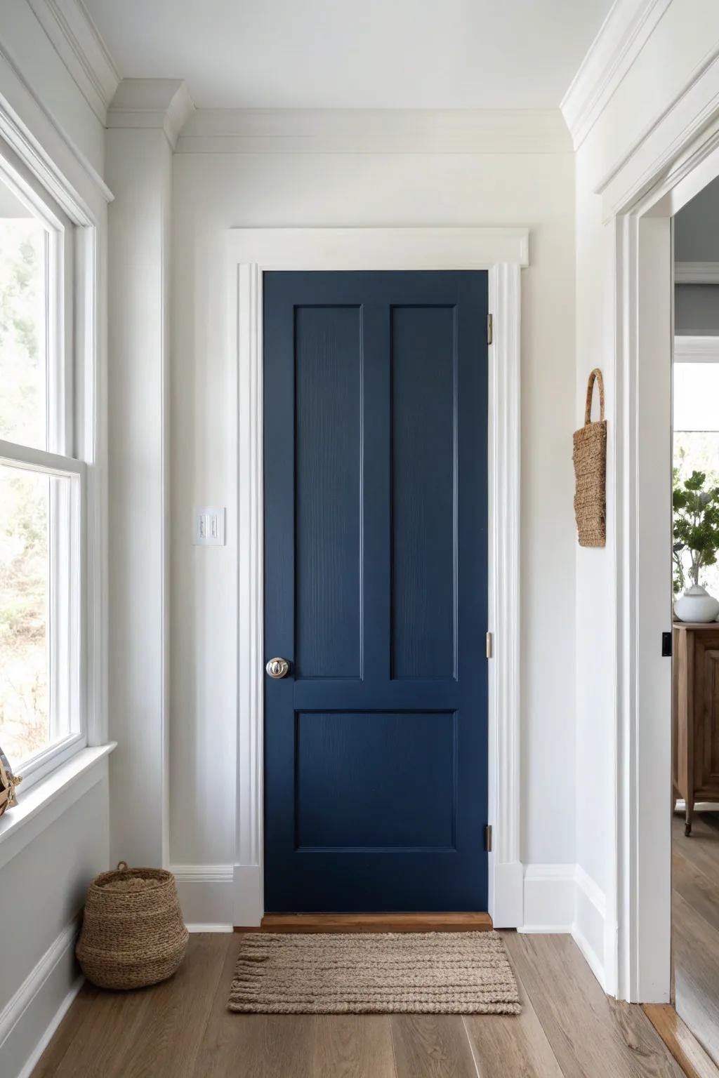 Deep navy door + crisp white trim: a classic, library-rich look that still feels clean and modern.