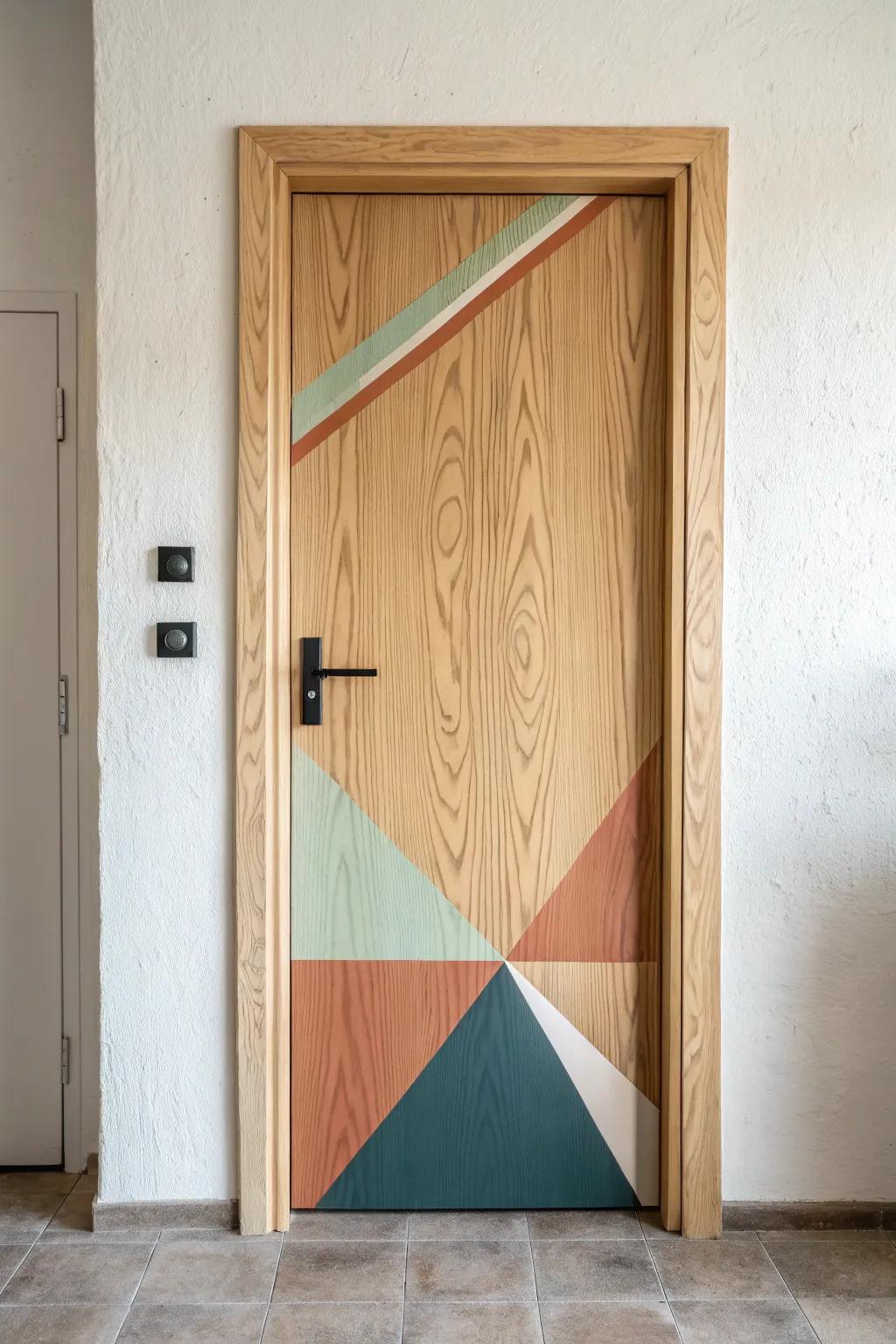 Crisp geometric color blocks turn a plain wood door into a bold, modern statement.