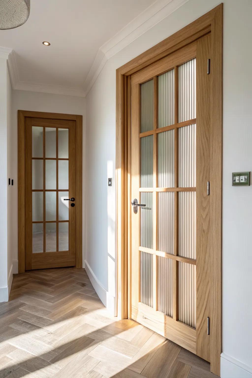 Reeded glass French doors: vintage texture, soft privacy, and sunlit glow in natural oak.
