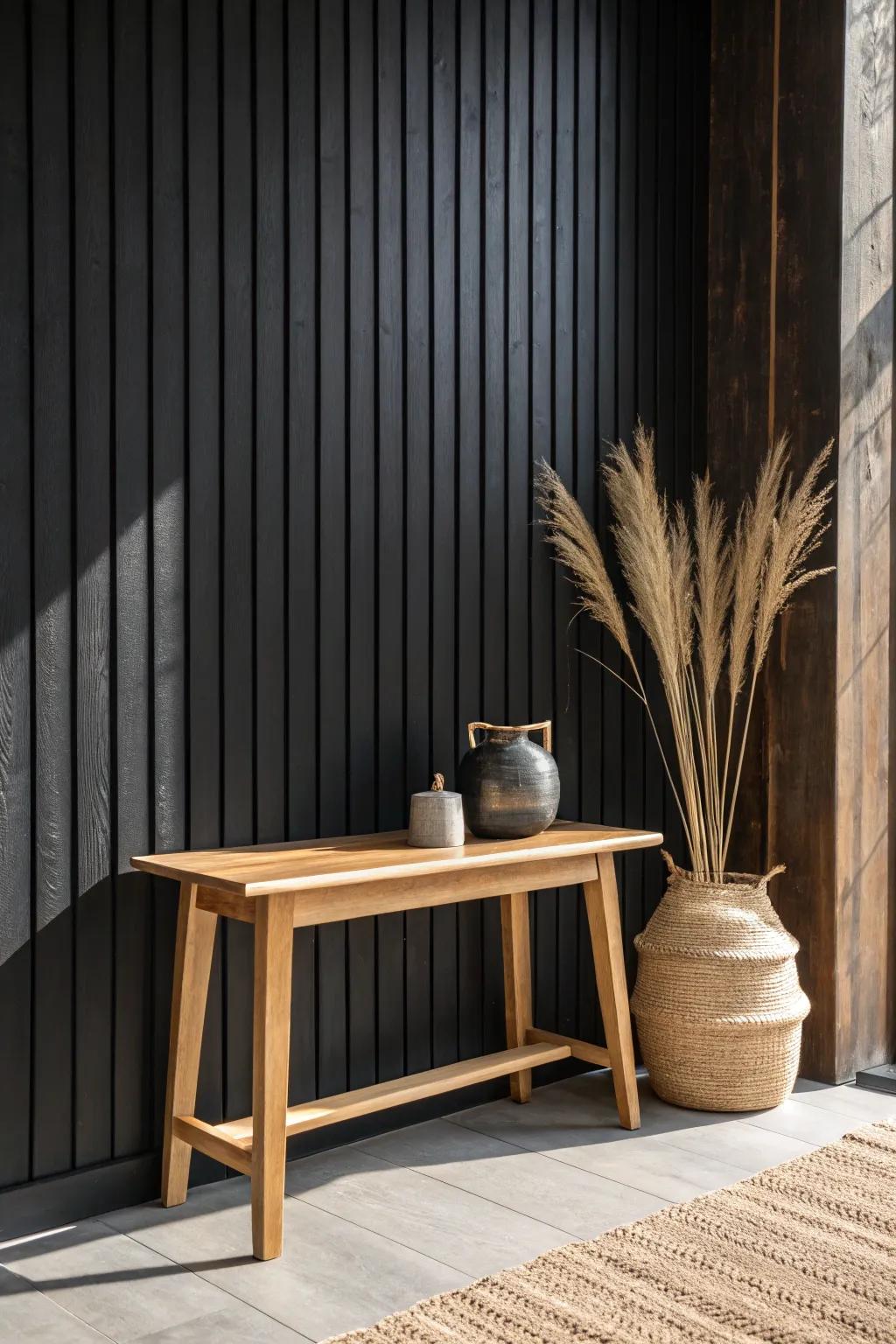 Satin-black wood slats + light oak accents for instant modern, high-contrast drama.