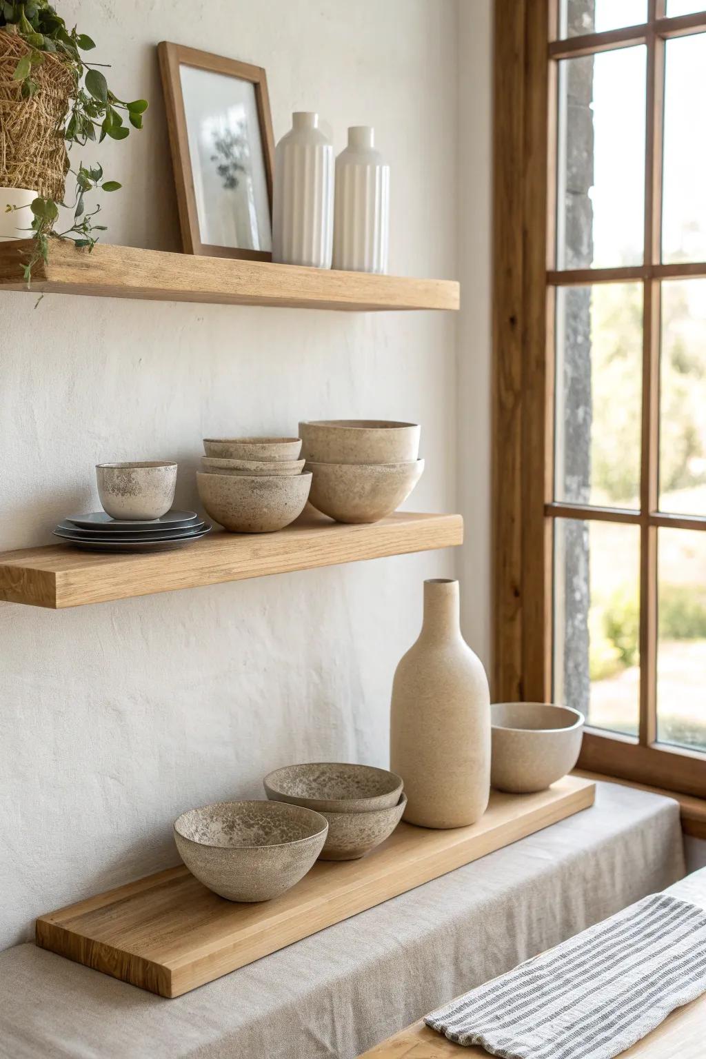 Japandi calm: floating oak shelves with curated ceramics and airy negative space.