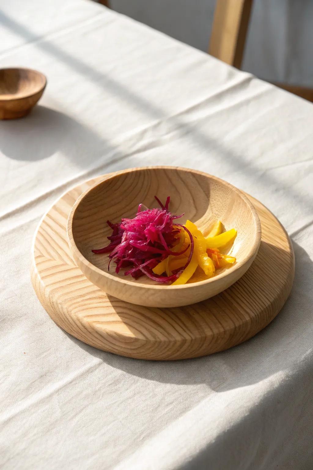 A tiny wooden plate of bright Japanese pickles adds the perfect color pop to your setting.