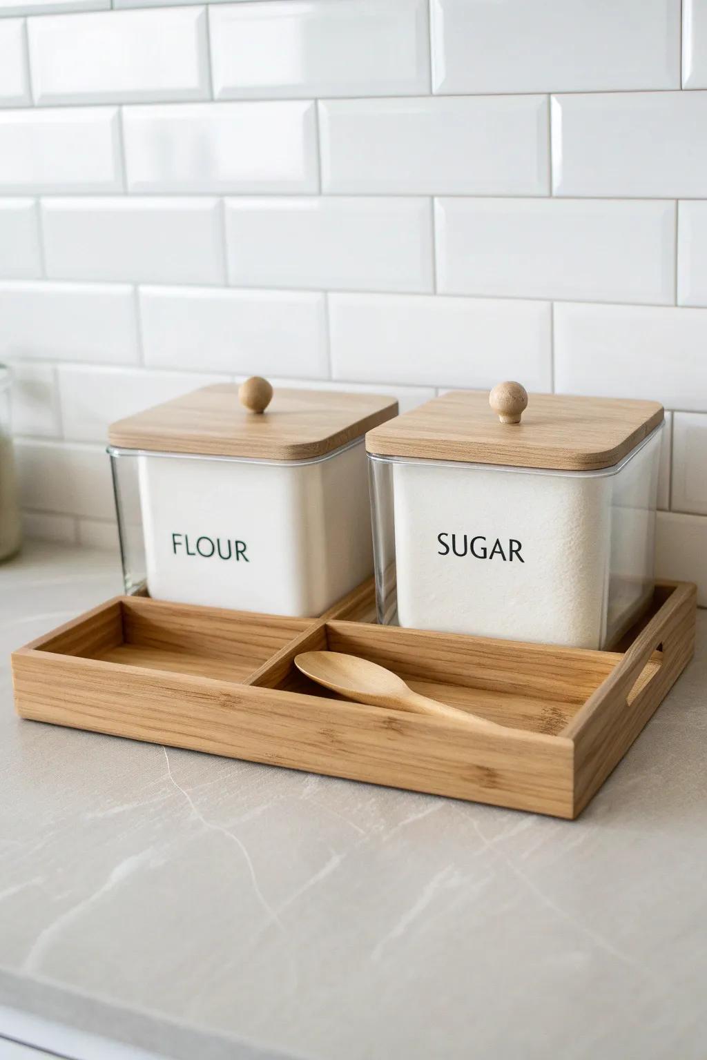A deep-drawer flour & sugar organizer in oak—beautiful, visible storage with easy scooping.