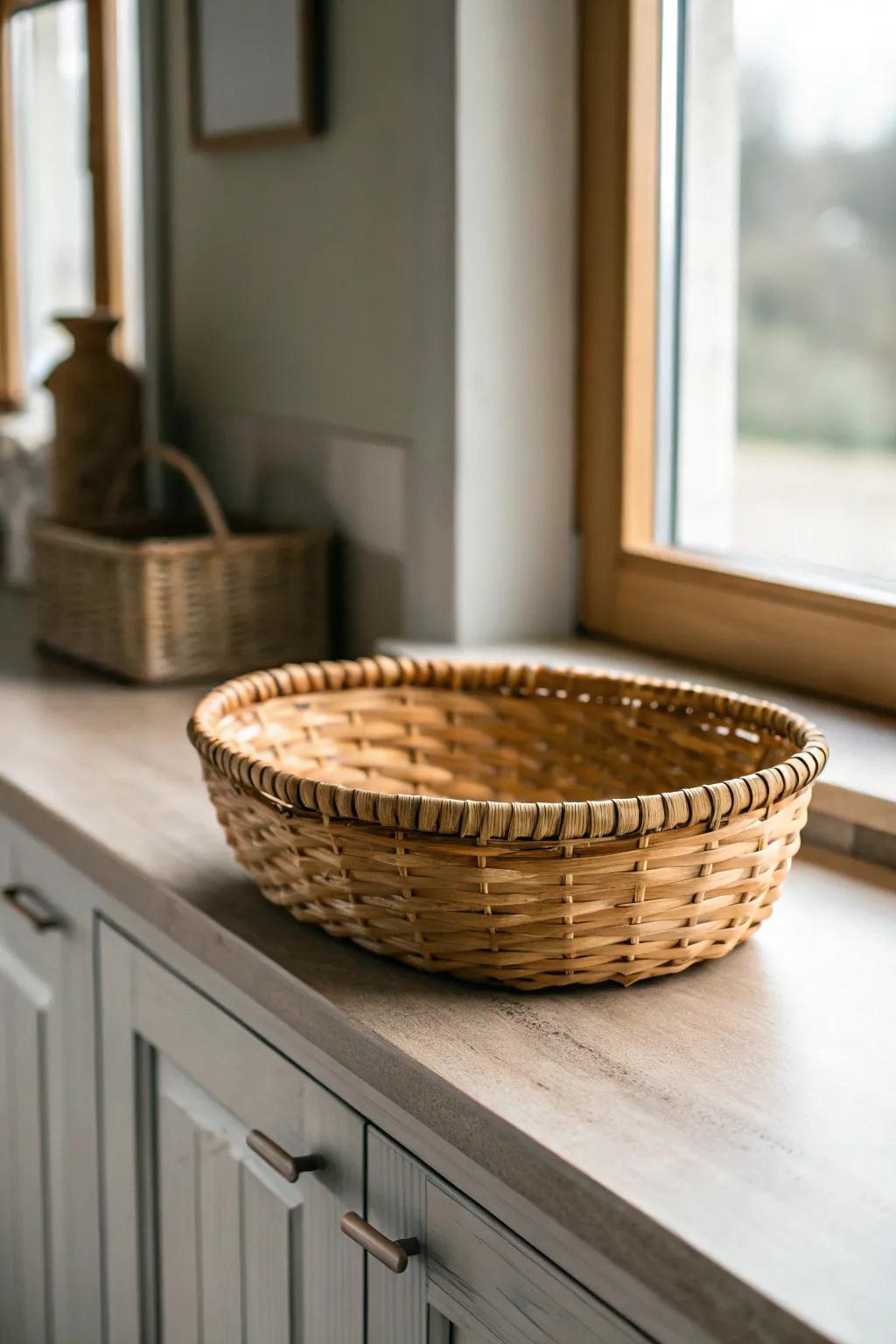A woven wicker basket adds warm texture and hides kitchen clutter in an open cabinet.