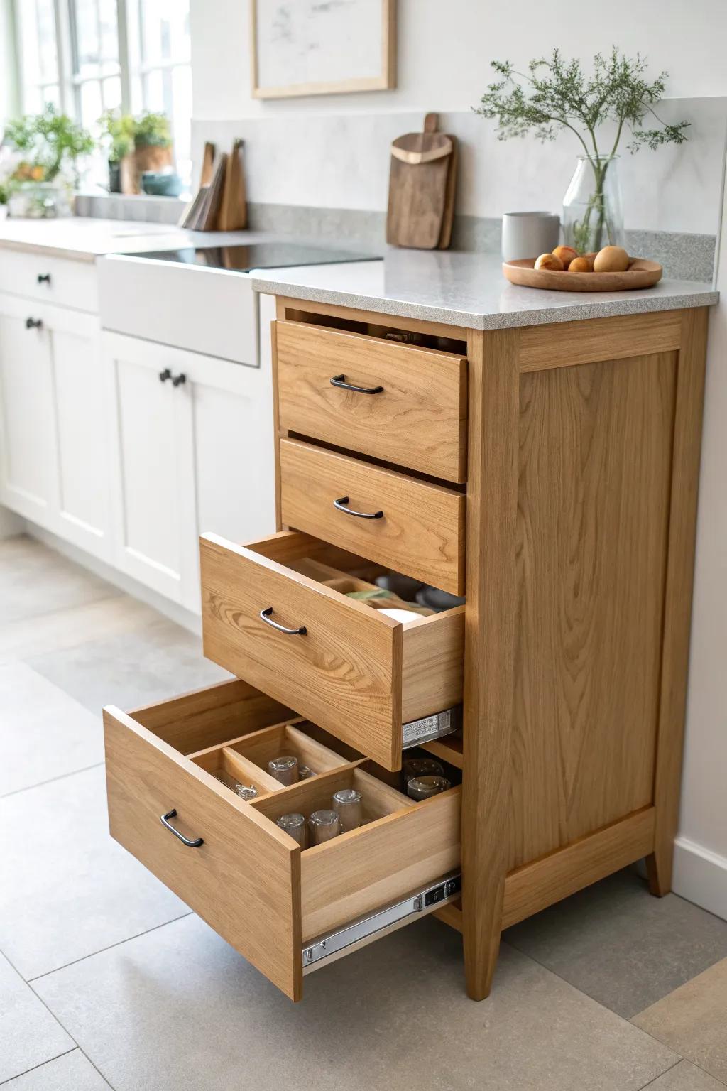 Choose deep drawers over doors—everything visible, no digging, perfect for tiny kitchens.
