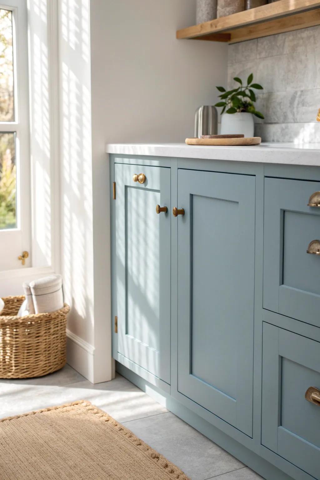 Dusty blue cabinets feel calm and classic—perfect with white counters and warm wood accents.
