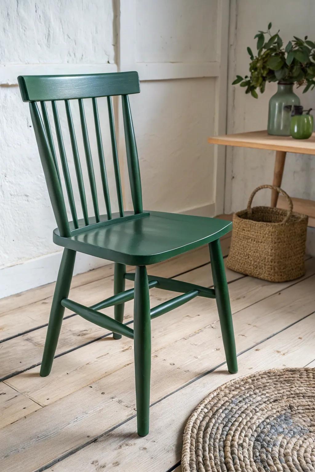 Bold deep-green spindle chair: simple Scandinavian lines with a handcrafted statement.