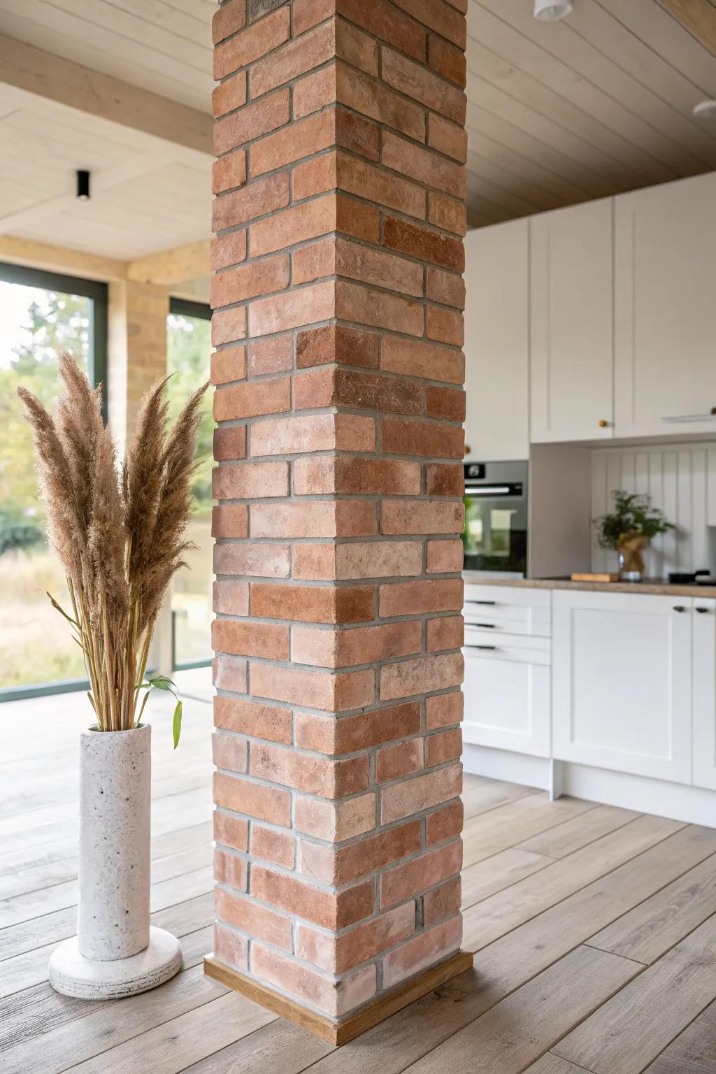 Brick-clad kitchen column that turns an awkward support into a warm, textured focal point.