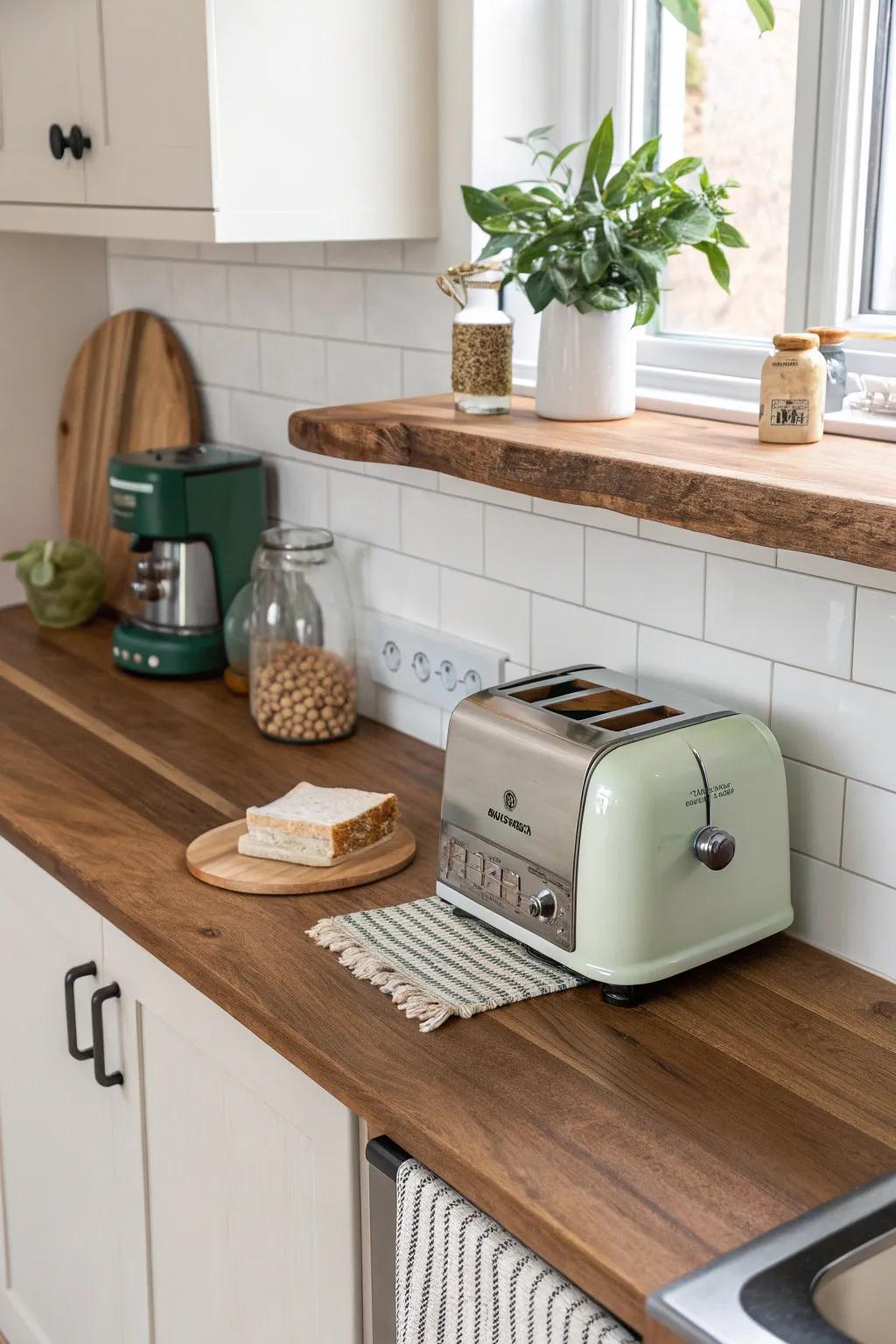Wraparound wood shelf frees space above your toaster—perfect for jars and cookbooks.