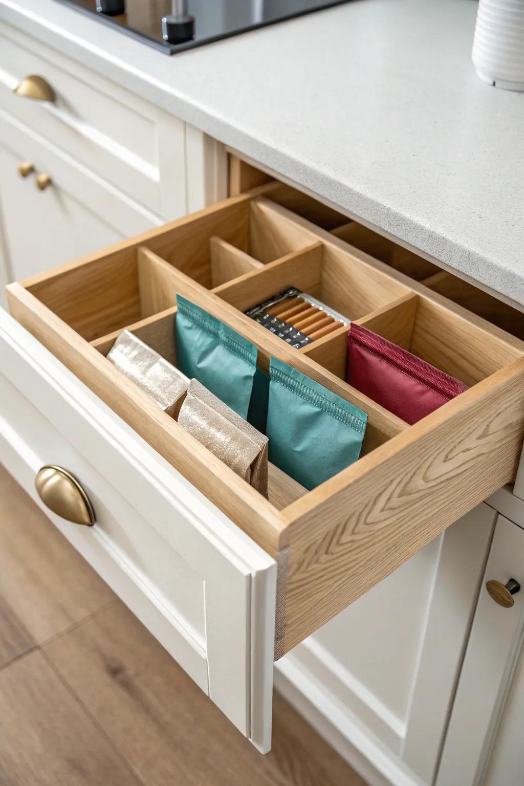 A wrap-and-bag dispenser drawer insert that keeps rolls tidy and makes one-handed grabbing easy.