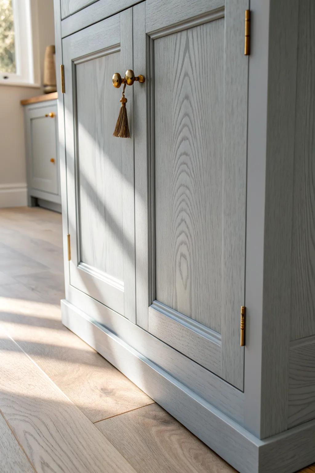 Cool gray cabinets with pale oak floors—clean contrast that stays bright from morning to sunset.