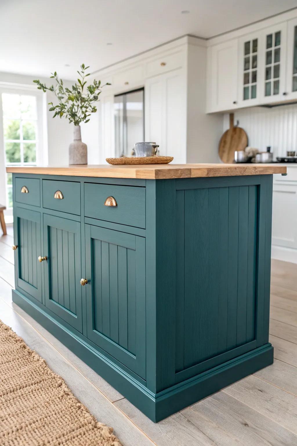 Deep teal turns the island into a custom focal point—fresh, bold, and beautifully crafted.