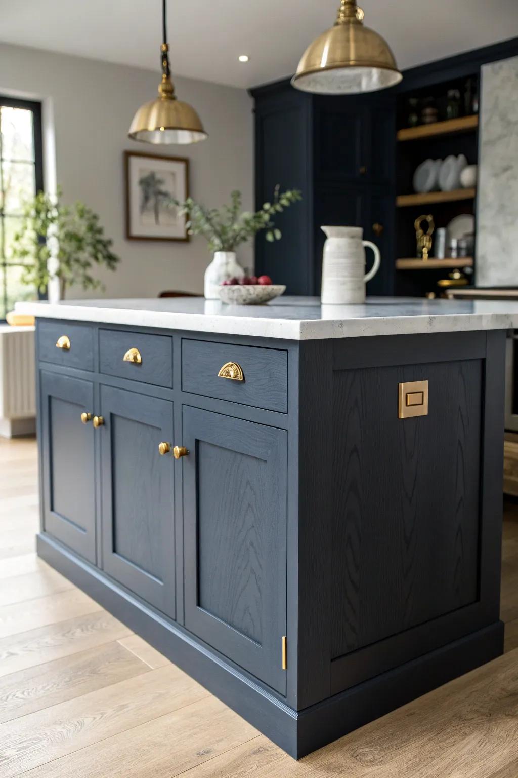 Navy kitchen island + dark cabinets, lifted with a light countertop for a rich, tailored mood.