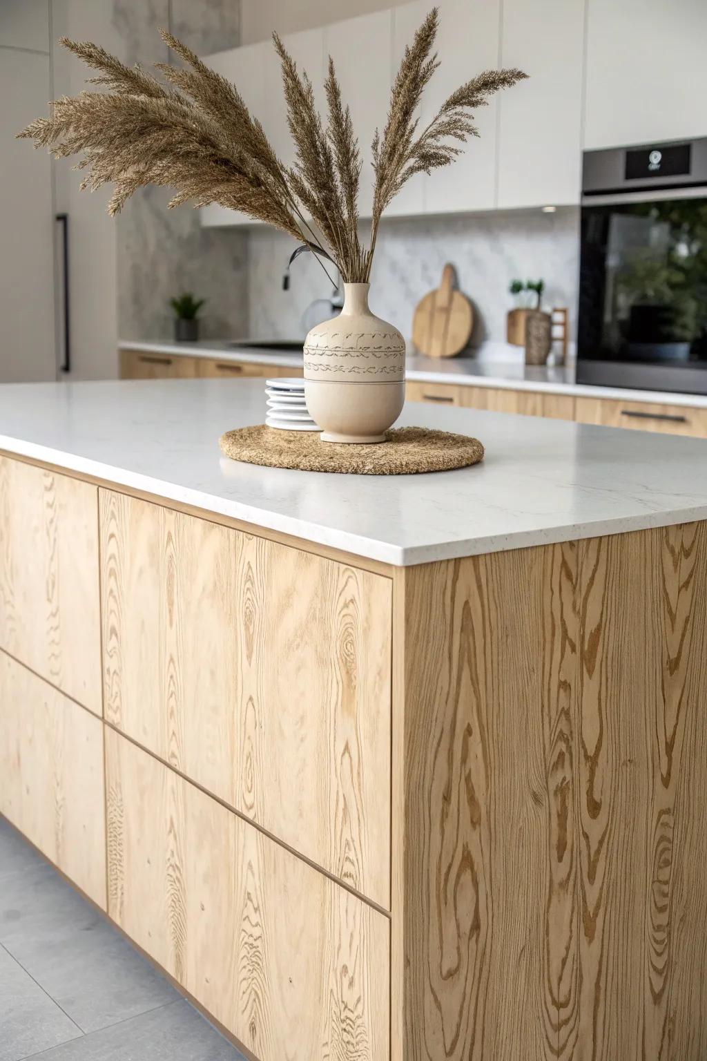 Clean birch plywood slab wrap with a satin clear coat—modern warmth built for real kitchens.