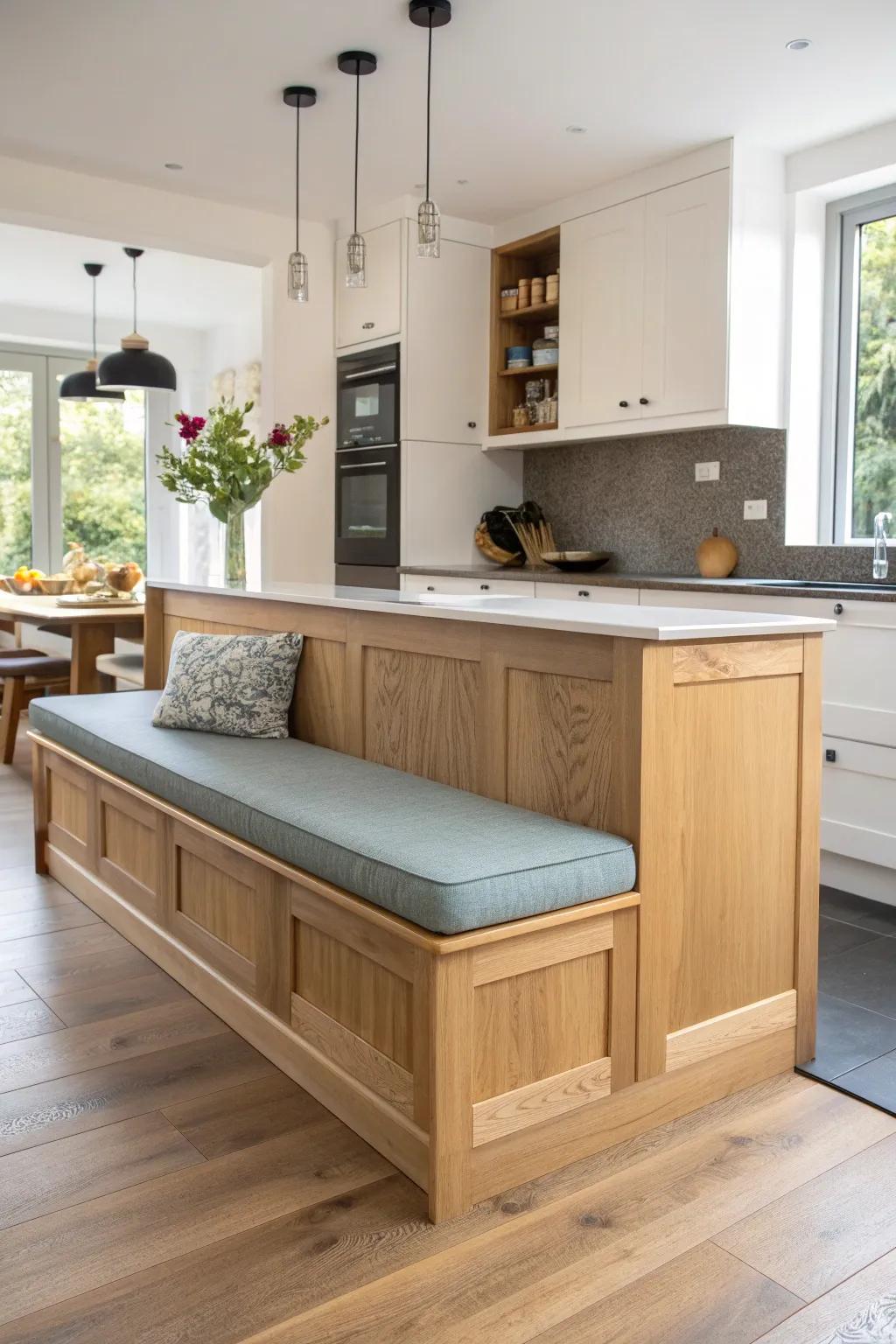 Island-back banquette extension: seamless breakfast nook flow with crafted oak and bold teal cushion.