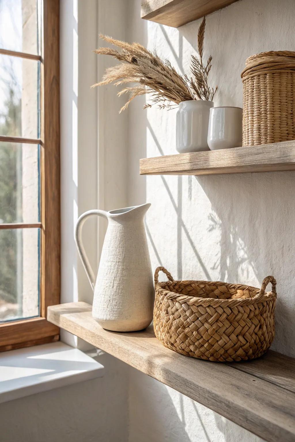 Woven basket + ceramic pitcher: an easy texture mix that makes shelves feel curated.