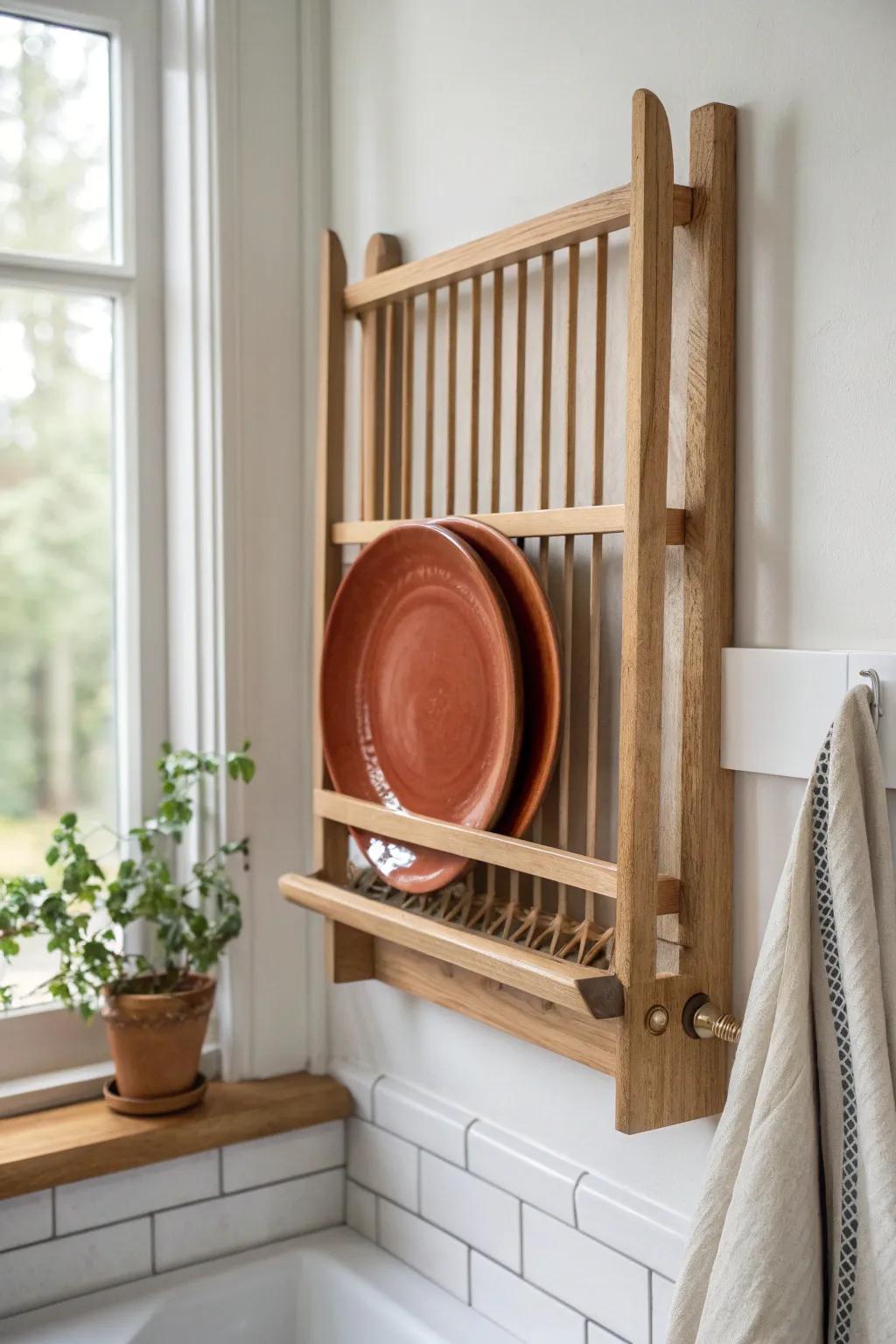 Minimal oak wall plate rack with a terracotta plate—vertical storage with bold, handmade charm.