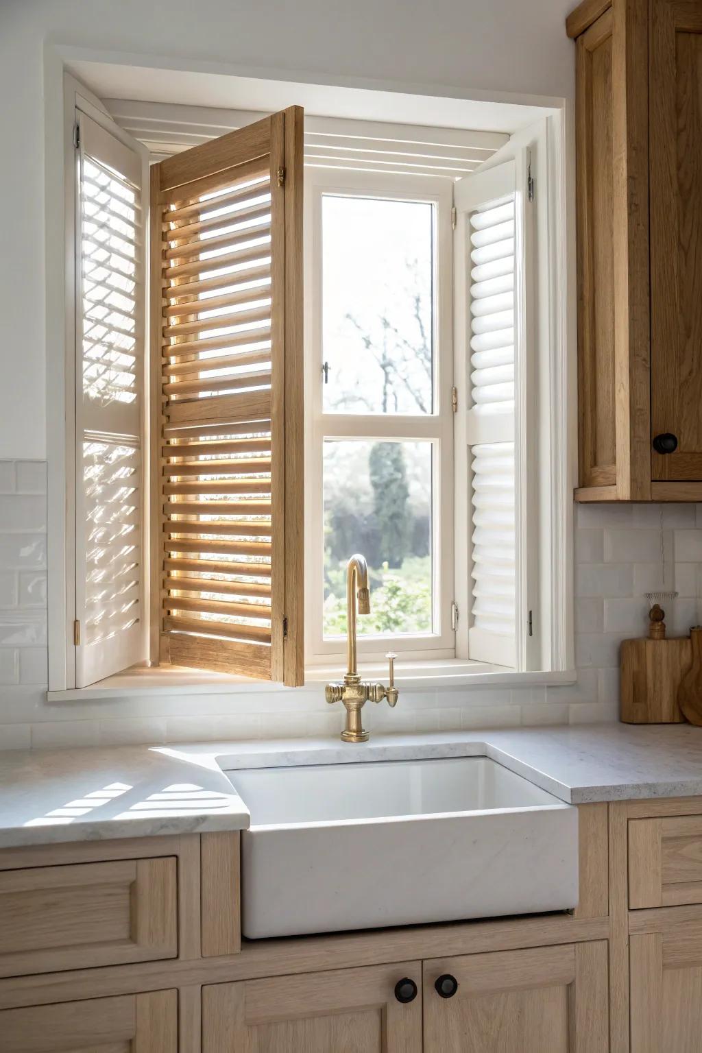 Inside-mount oak shutter between uppers—built-in, custom look with bright, clean contrast.