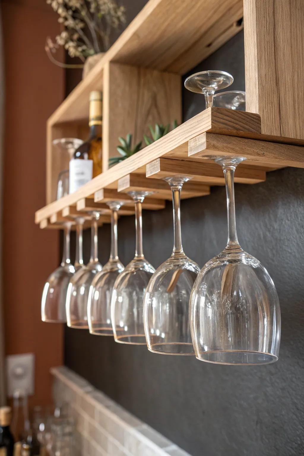 Built-in stemware rack under shelves—sleek, space-saving, and instantly wine-bar chic.