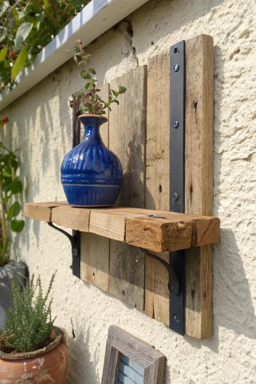 Rustic pallet wood shelf + bold cobalt vase—farmhouse texture with minimalist contrast.