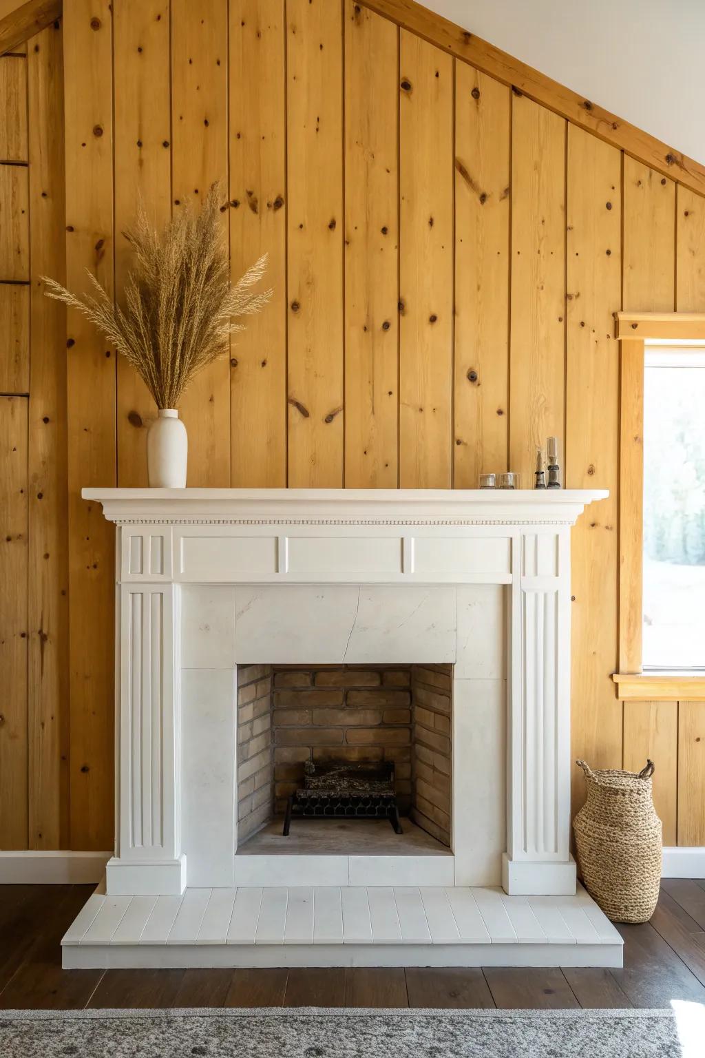 A crisp white surround against knotty pine creates a calm, cozy fireplace focal point.