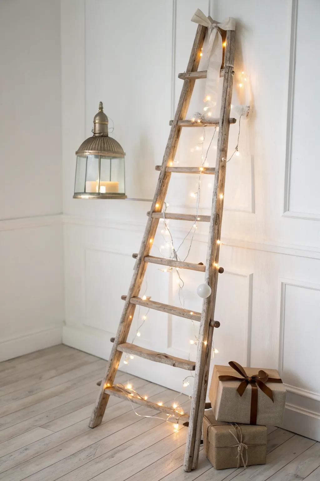 A lantern-topped ladder tree with twinkle lights—minimal, warm, and beautifully festive.