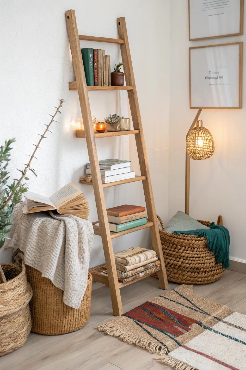 Turn a ladder shelf into a mini library: books, warm lamp glow, and a cozy blanket basket.
