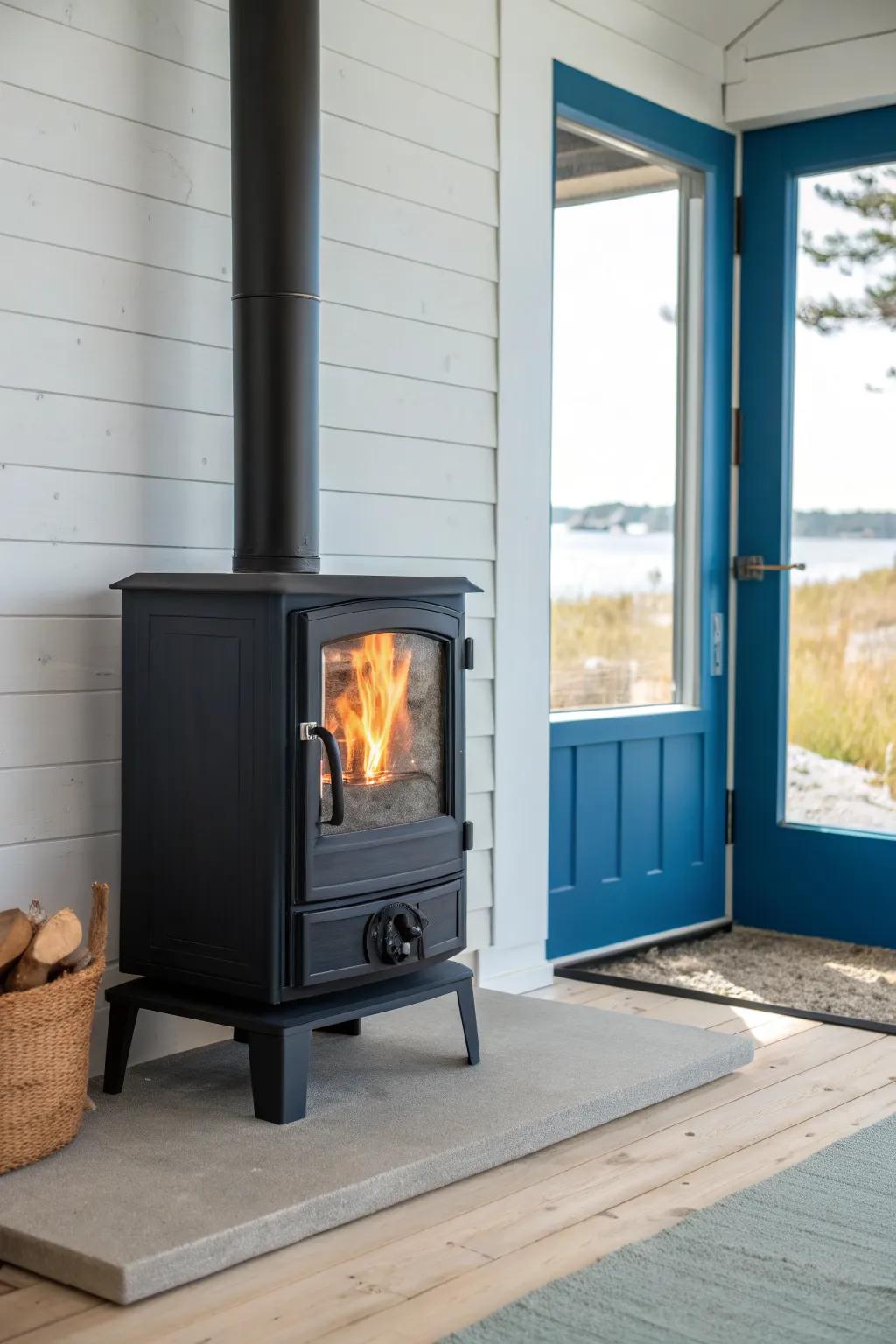 Small-space wood stove: bold contrast, artisan charm, and instant lake-cottage coziness.