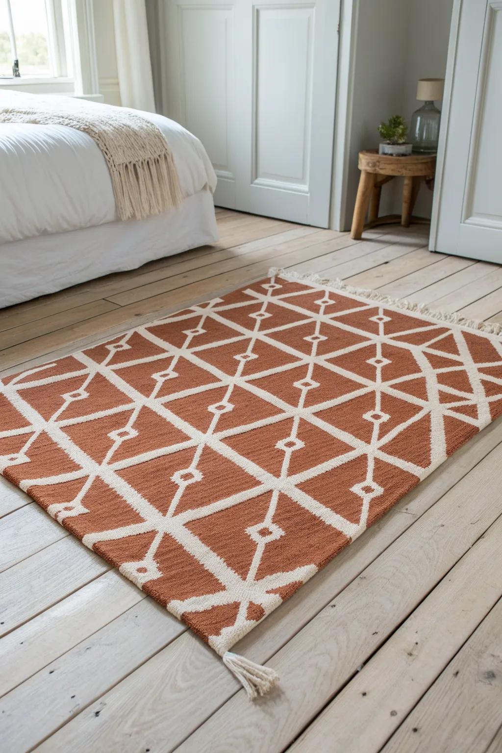 Low-pile wool rug adds warm, quiet comfort to a lake house bedroom’s wood floors.