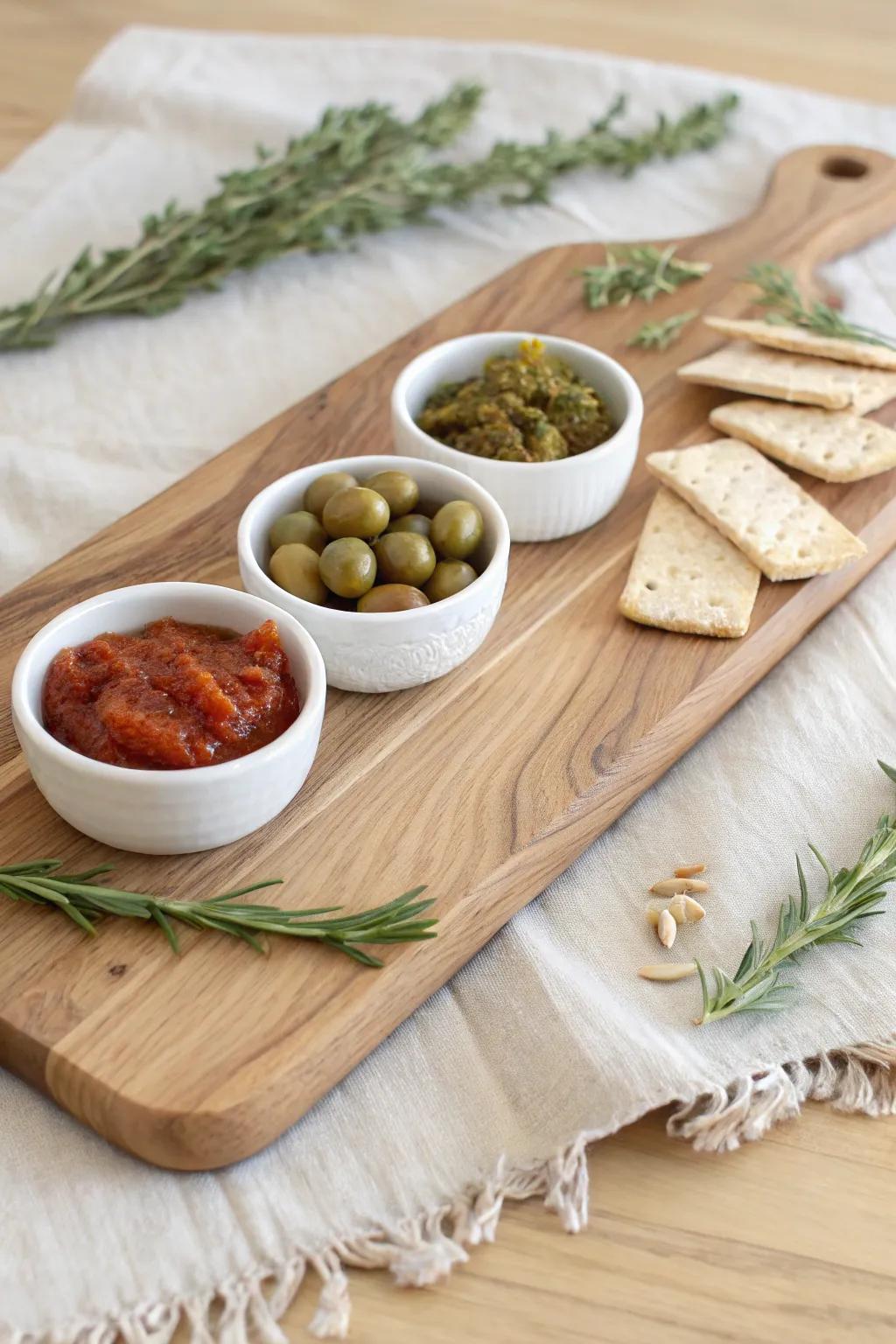 Small bowls anchor a large charcuterie board—add jams, olives, and dips for a full, balanced look.