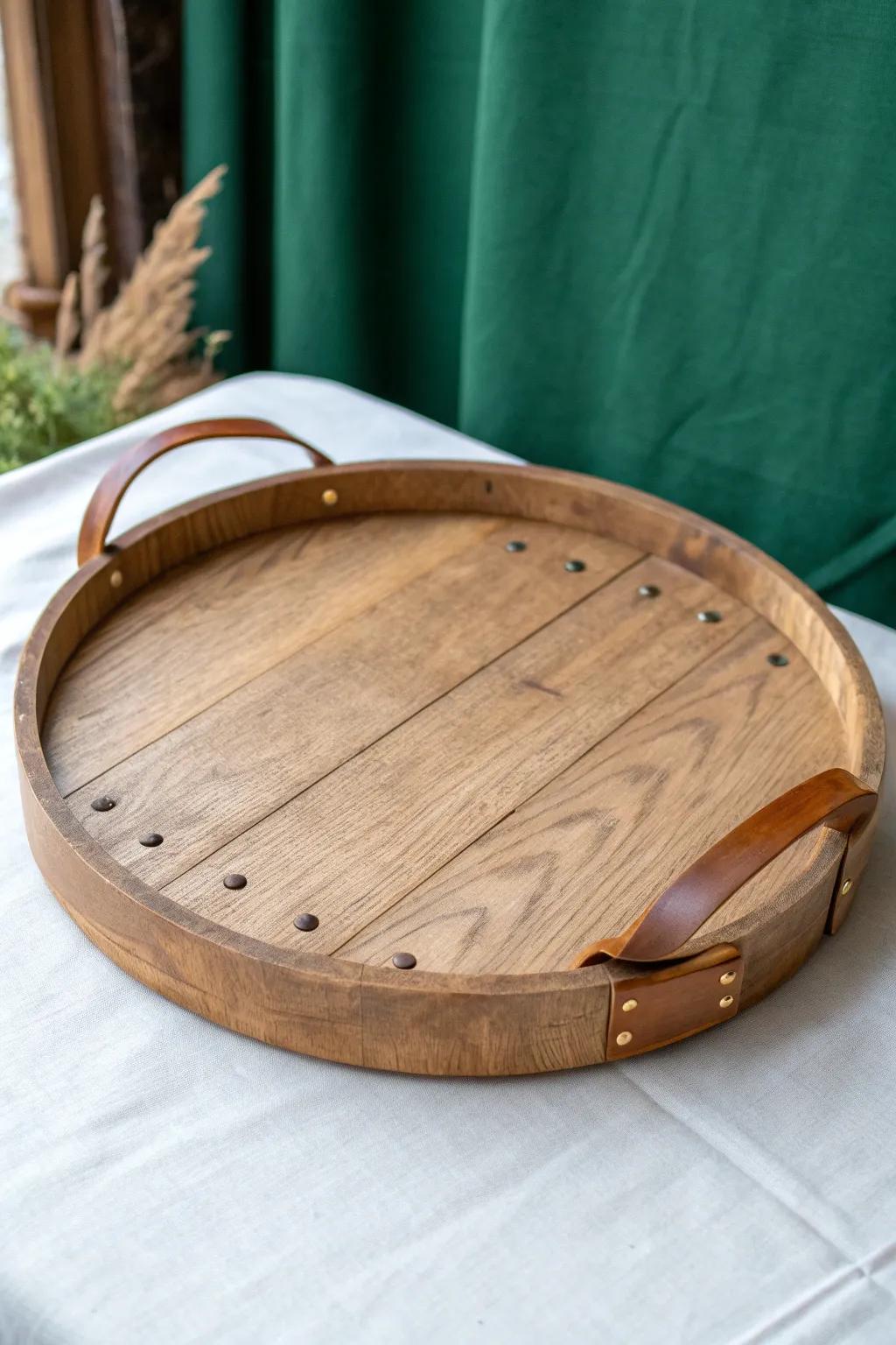 Reclaimed wood lazy Susan with leather strap handles—rustic story meets minimal charm.