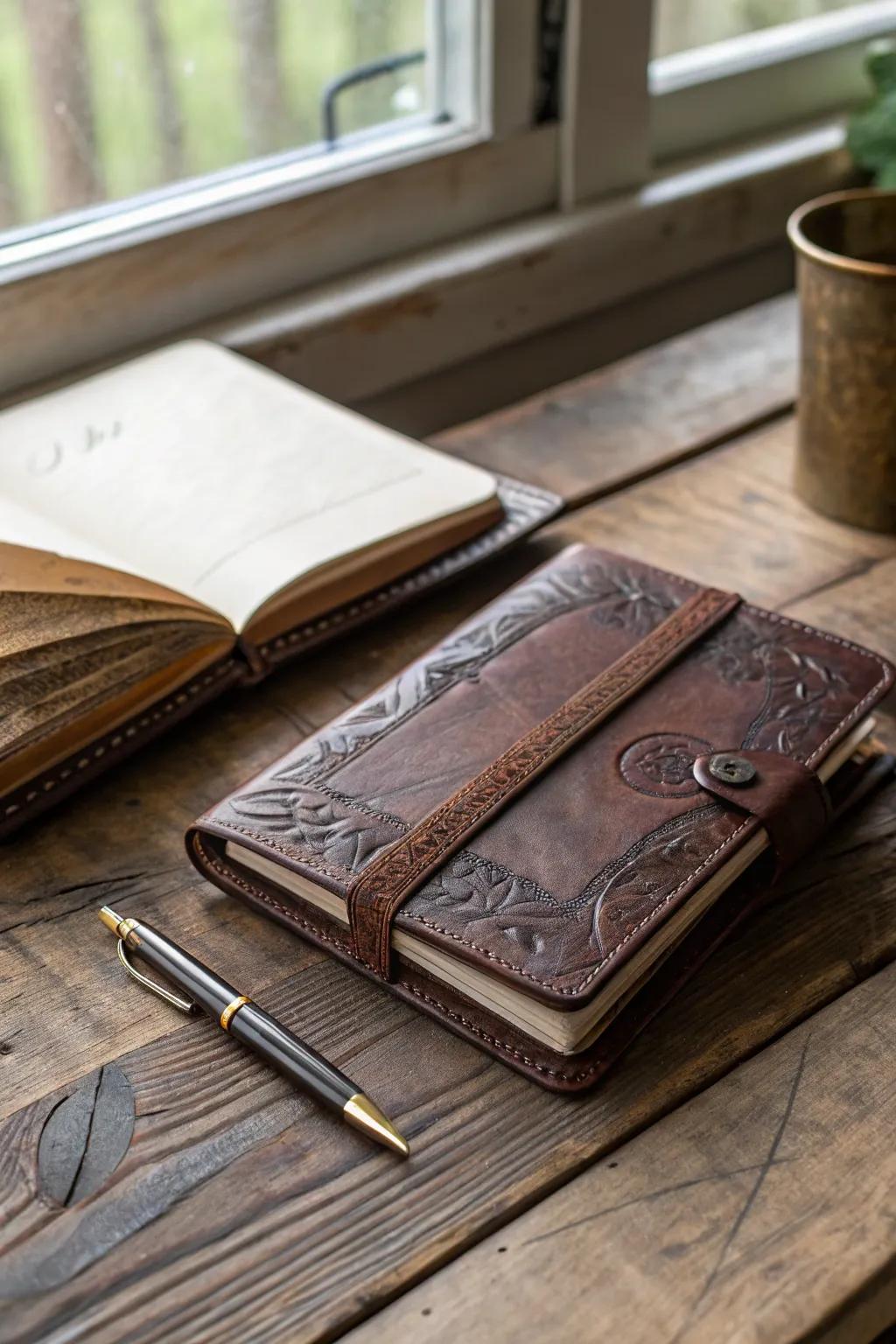 Crafted with care: Elevate your thoughts in a personalized leather journal.