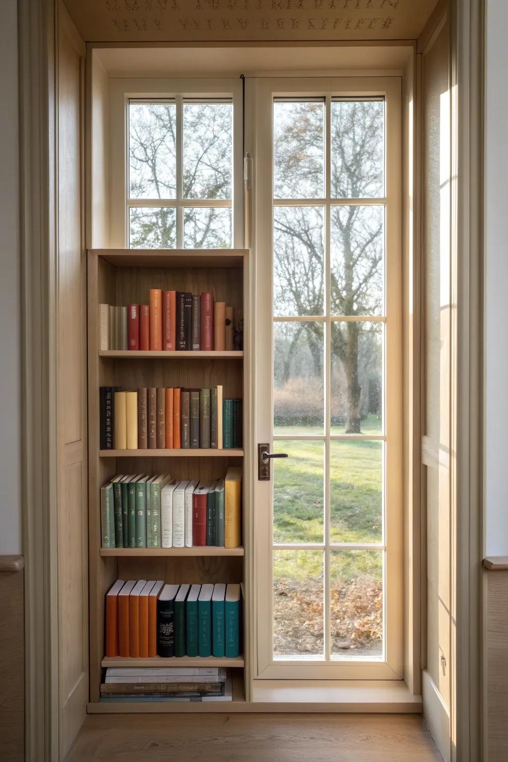 Half-shelves frame the door window beautifully—books on the sides, a quote strip on top.