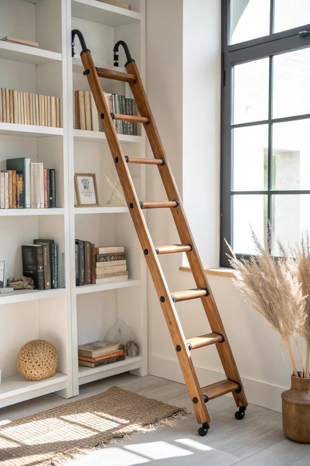 A rolling oak library ladder that turns tall shelves into a striking, usable living-room feature.