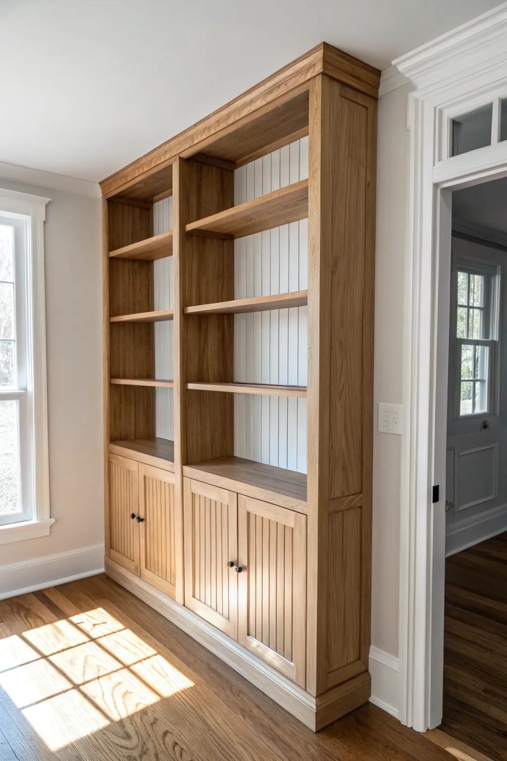 Beadboard insets behind shelves add cozy cottage charm and a polished built‑in finish.