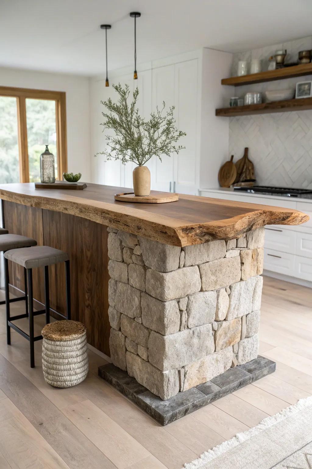 Stacked-stone base meets a live-edge walnut top—minimal, bold contrast with lodge warmth.
