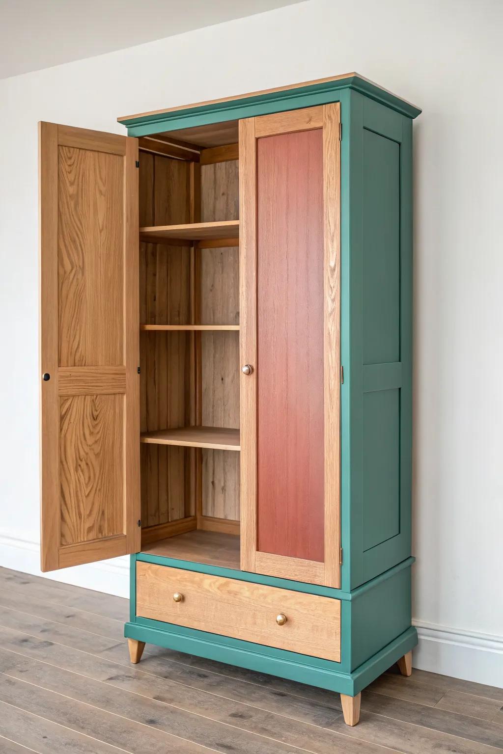 Neutral outside, bold two-tone interior—an armoire that makes books and baskets look styled.