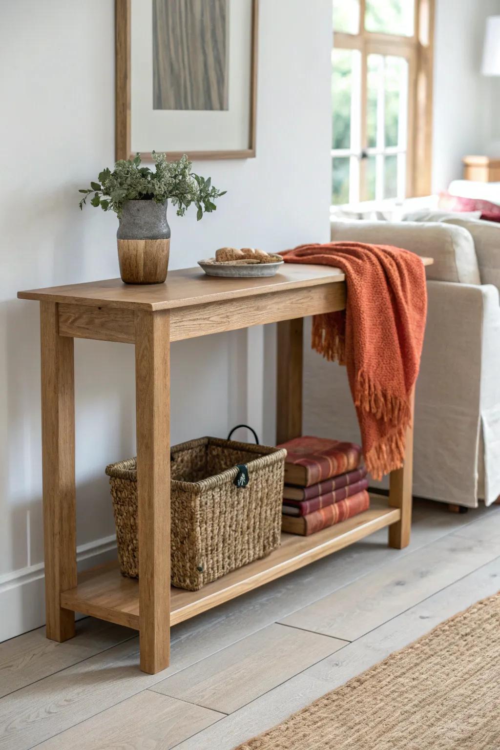 A woven basket on the lower shelf keeps your sofa table tidy—texture with zero clutter.