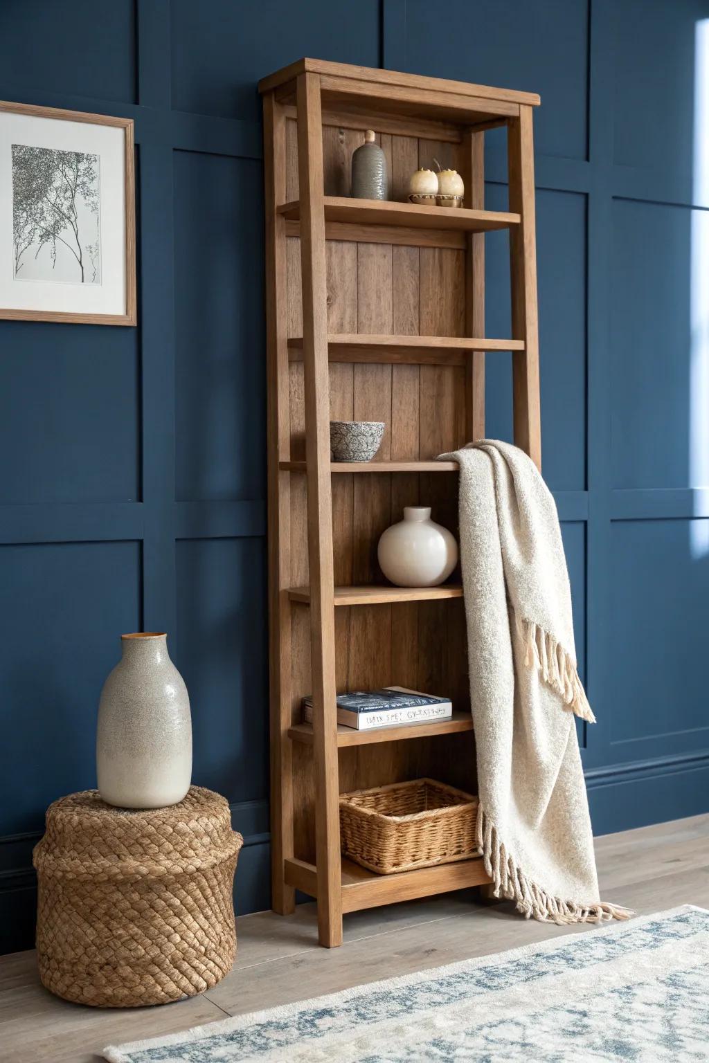 Navy blue walls make oak shelving feel richer—pair with warm white trim and cozy textures.