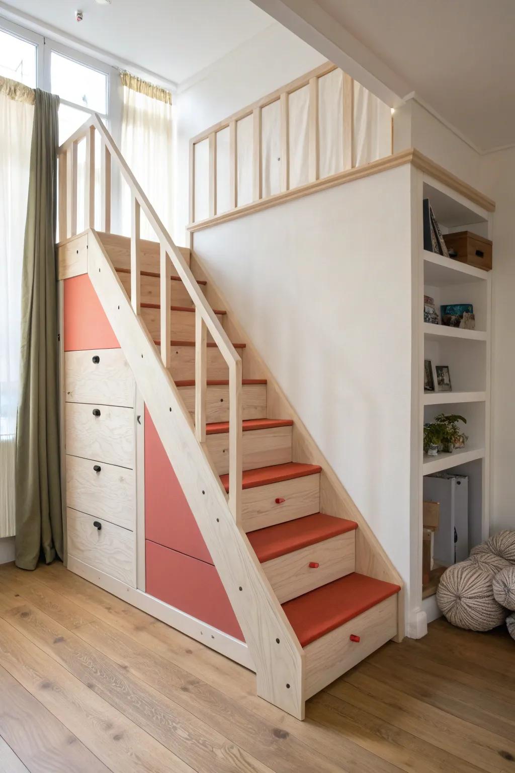 Freestanding loft bed stairs that swap sides—minimal, movable, and finished with a bold color pop.
