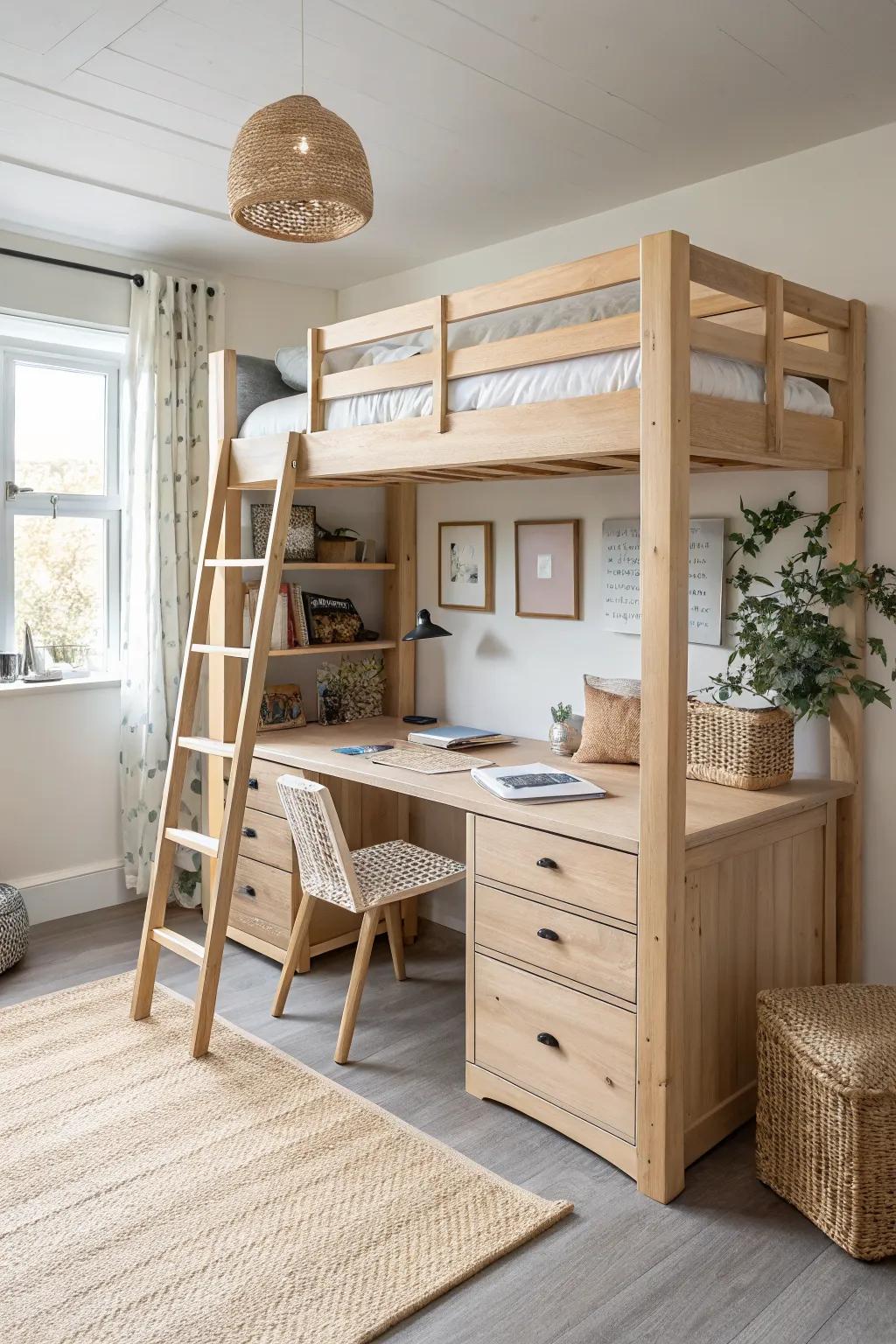 A crafted wood loft bed with a double study desk—two workstations, one serene space.