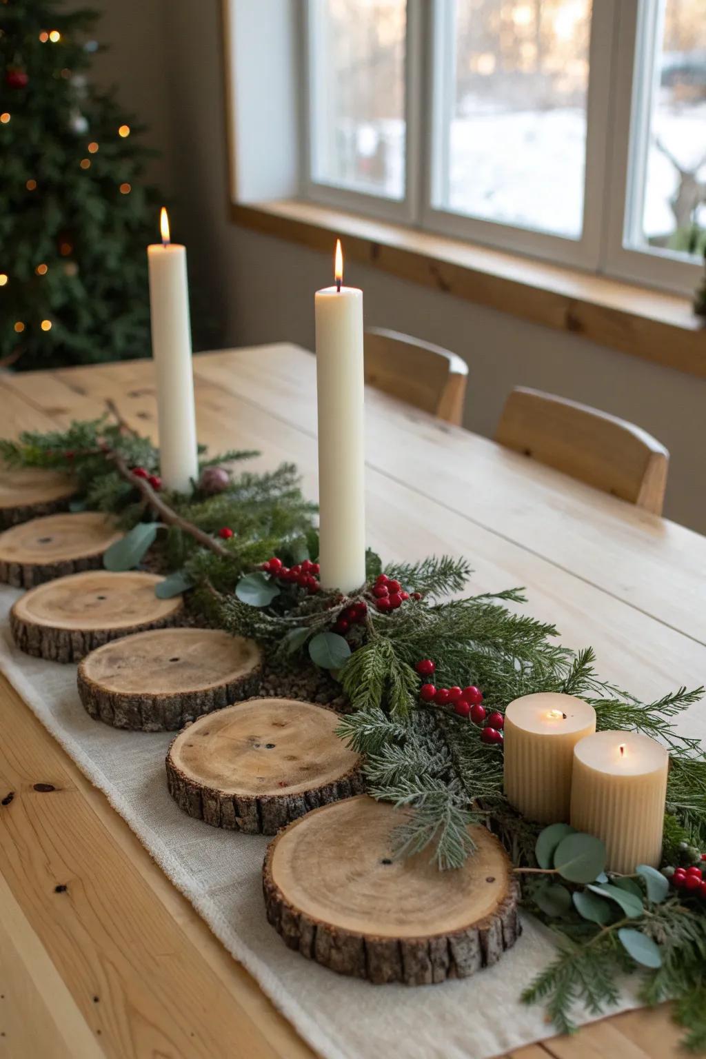 Wood slice runner + evergreen + tapers: a cozy, minimalist cabin Christmas centerpiece.