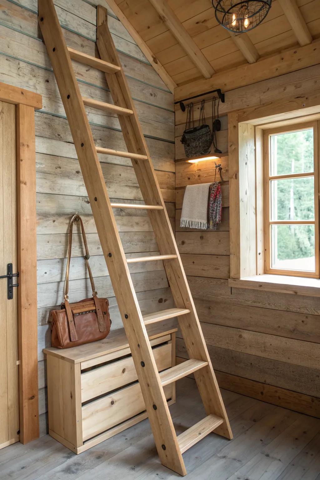 A space-saving loft ladder with cubbies & hooks—beautiful craftsmanship for tight cabin lofts.