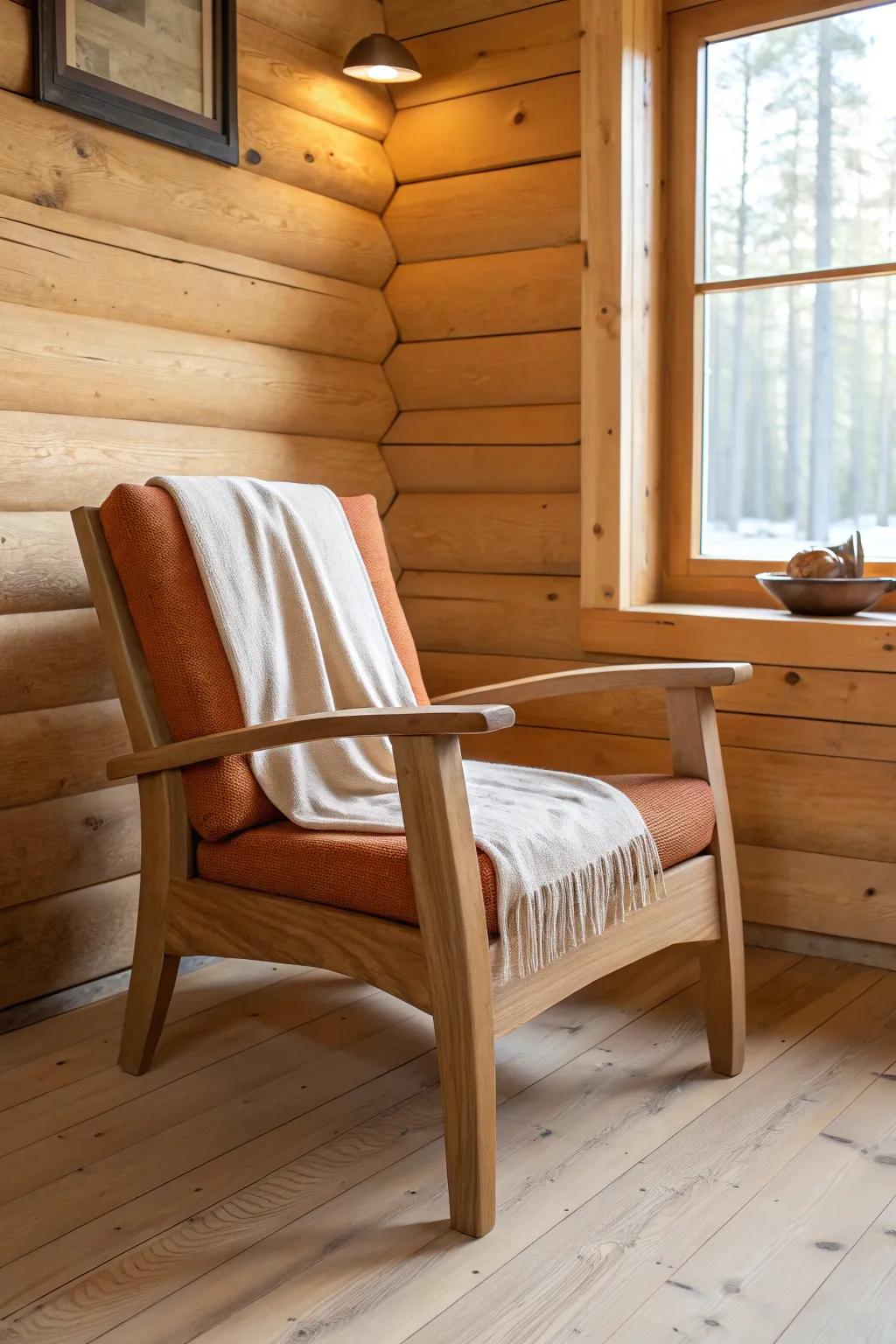 A cozy handcrafted wooden reading chair—your log cabin office thinking corner in warm light.