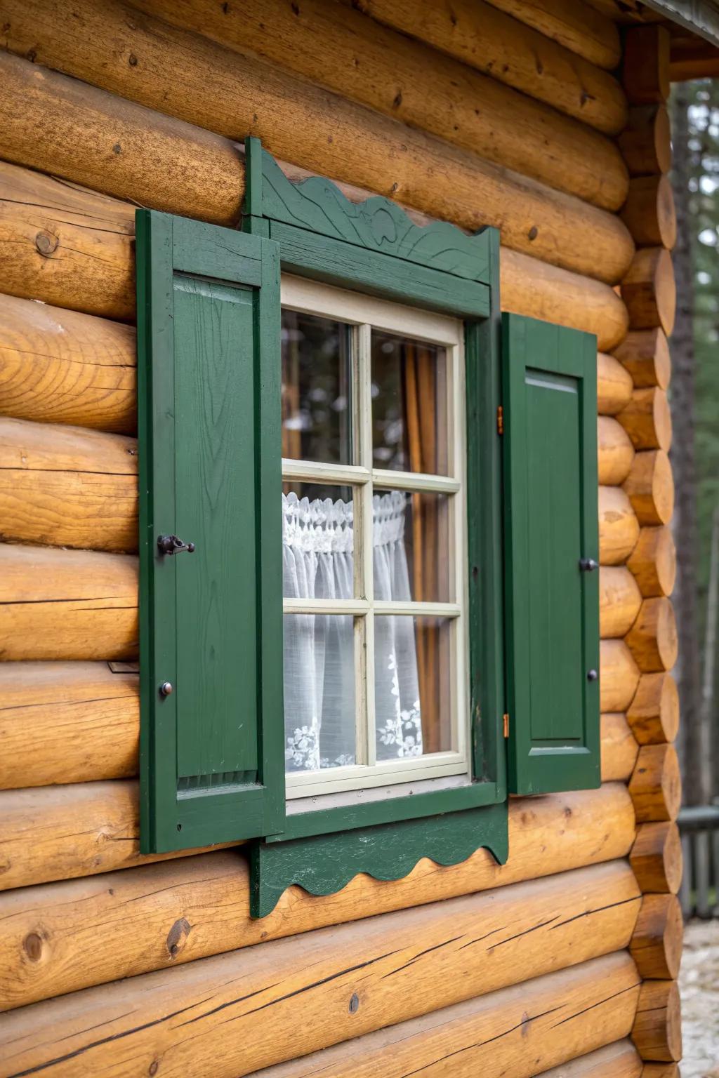 Forest green trim brings a classic camp vibe—striking contrast against warm log cabin wood.