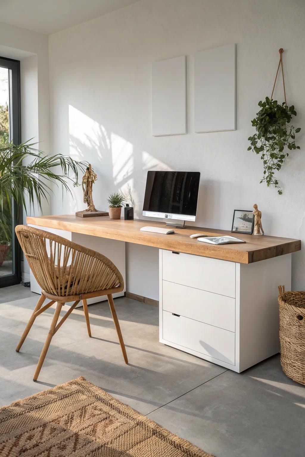 A seamless oak countertop desk on sleek base cabinets—custom look, hidden storage, bold contrast.