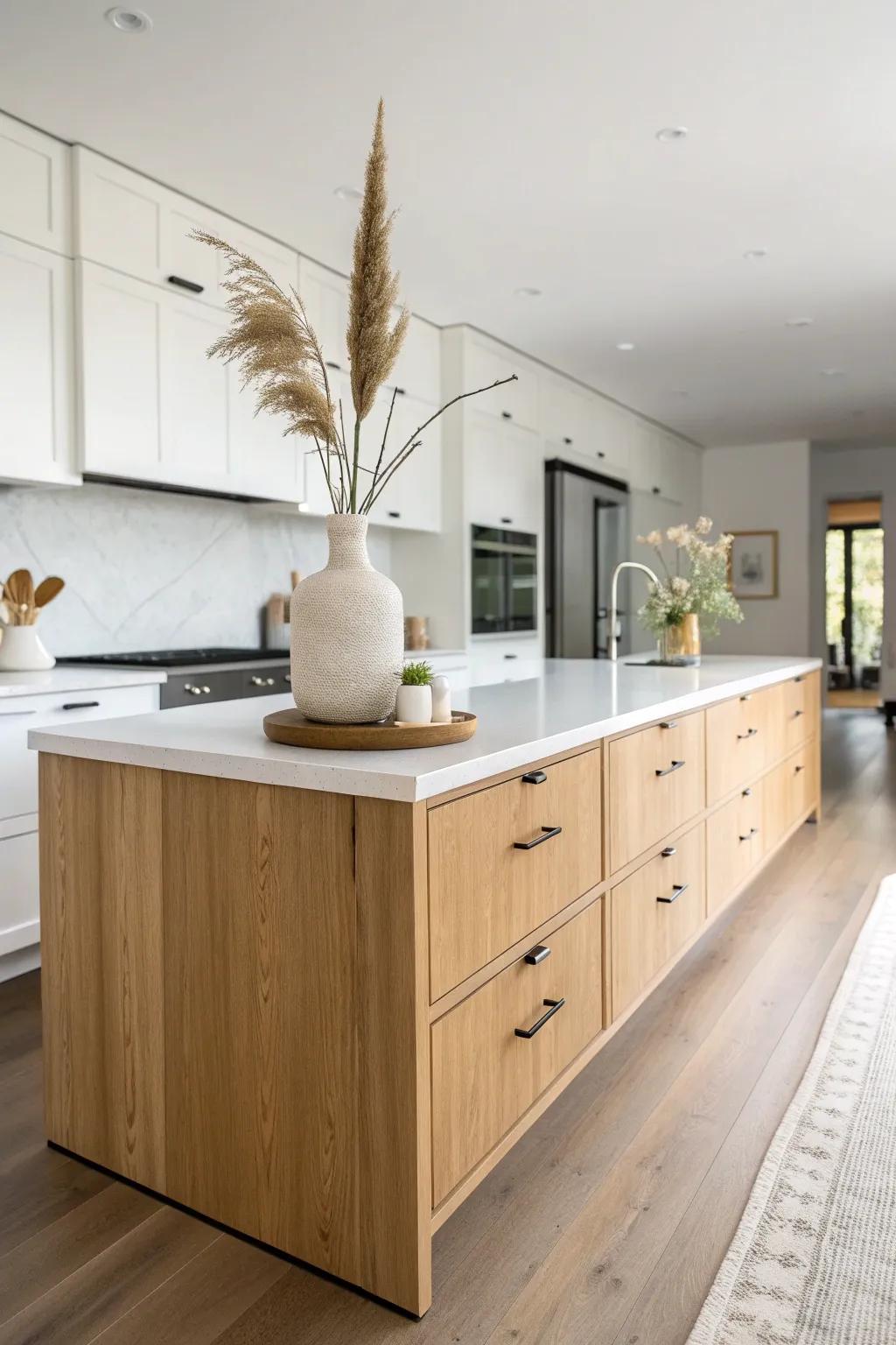 Two-tone contrast: warm oak island base against light cabinets for a long-kitchen glow.